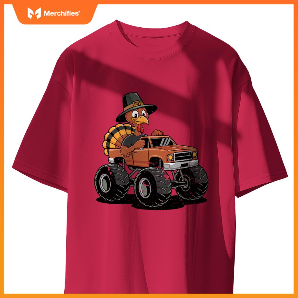 Turkey Riding Monster Truck For Boys girls Kids Thanksgiving T-Shirt