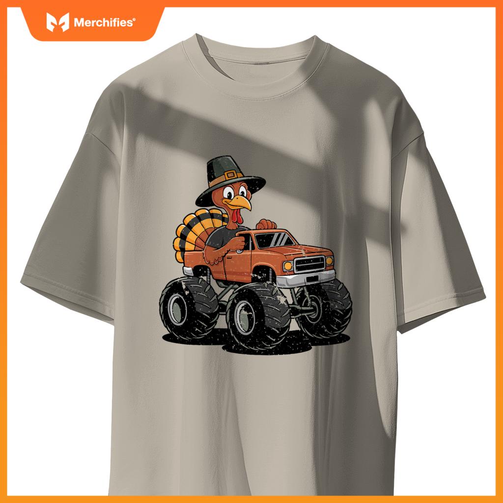 Turkey Riding Monster Truck For Boys girls Kids Thanksgiving T-Shirt
