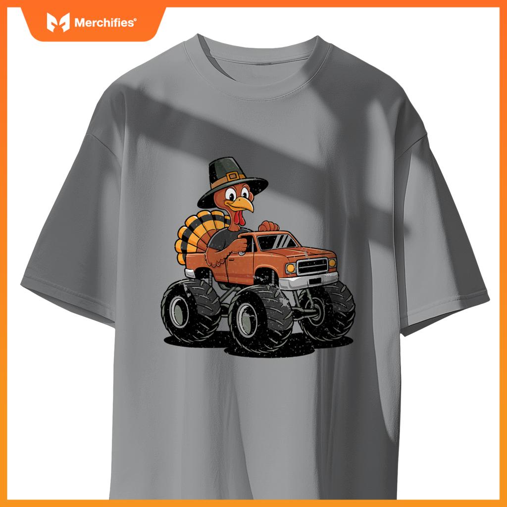 Turkey Riding Monster Truck For Boys girls Kids Thanksgiving T-Shirt