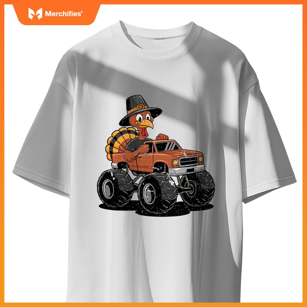 Turkey Riding Monster Truck For Boys girls Kids Thanksgiving T-Shirt