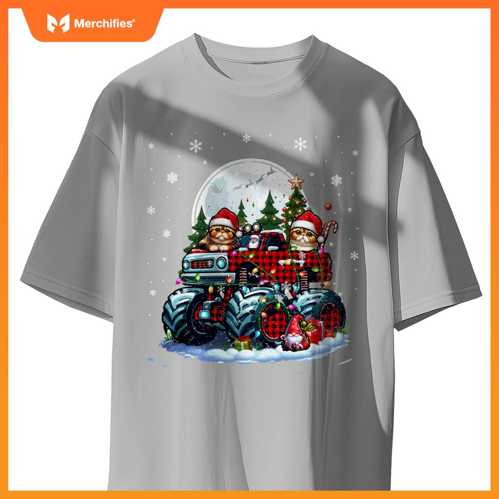 Two Santa Exotic Shorthairs On Monster Truck Santa Gnome T-Shirt