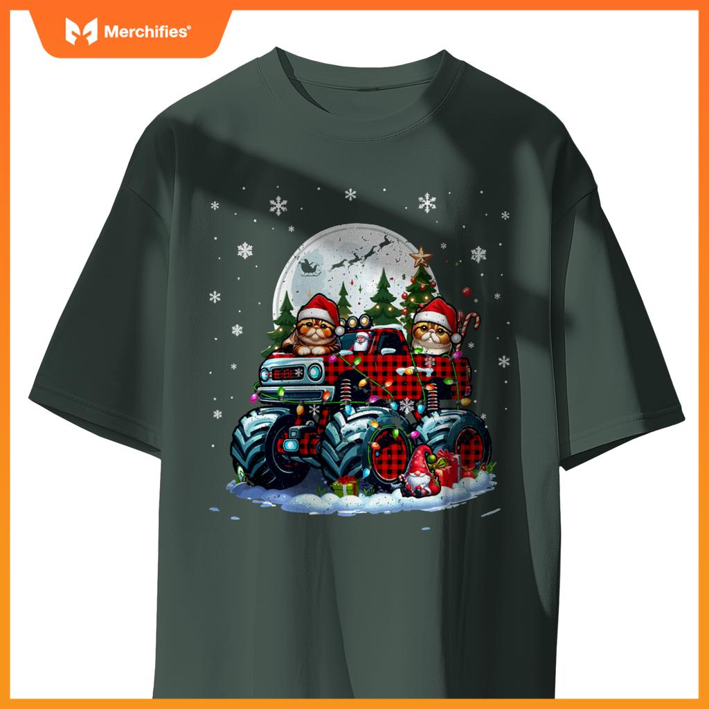 Two Santa Exotic Shorthairs On Monster Truck Santa Gnome T-Shirt