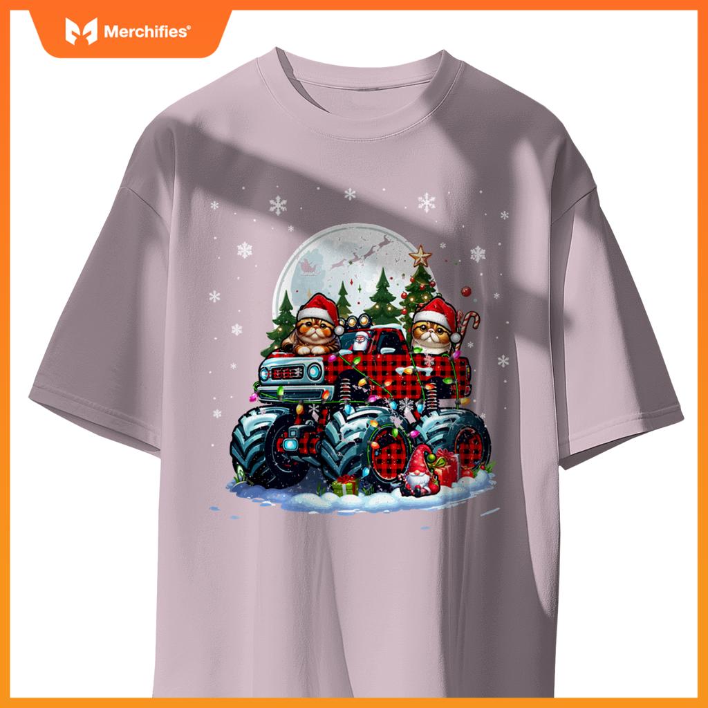 Two Santa Exotic Shorthairs On Monster Truck Santa Gnome T-Shirt
