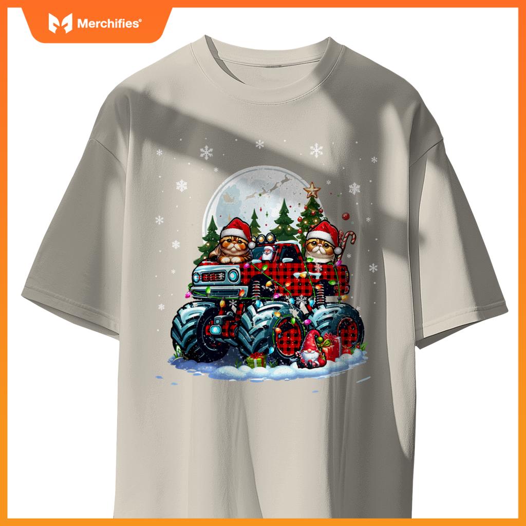 Two Santa Exotic Shorthairs On Monster Truck Santa Gnome T-Shirt