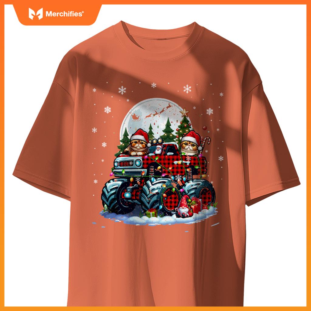 Two Santa Exotic Shorthairs On Monster Truck Santa Gnome T-Shirt