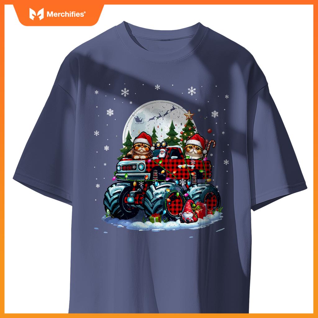 Two Santa Exotic Shorthairs On Monster Truck Santa Gnome T-Shirt