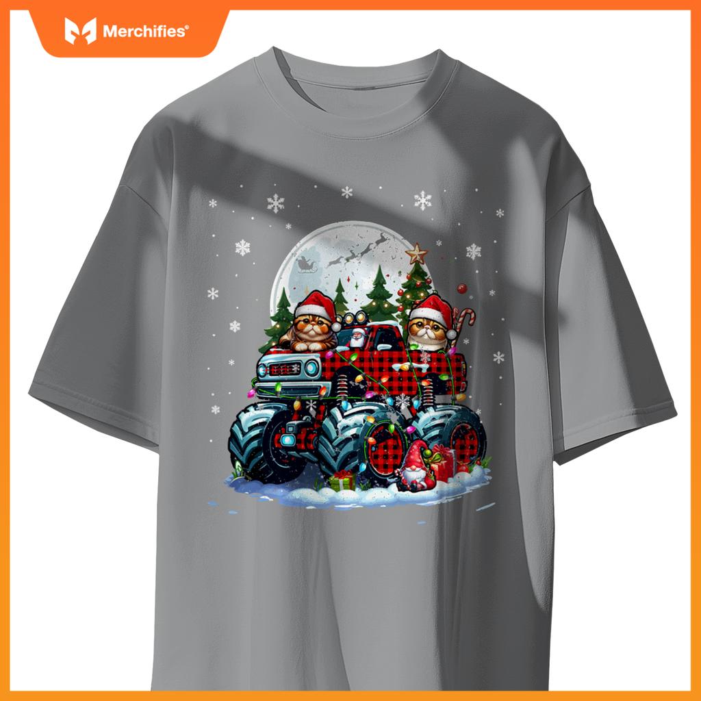 Two Santa Exotic Shorthairs On Monster Truck Santa Gnome T-Shirt