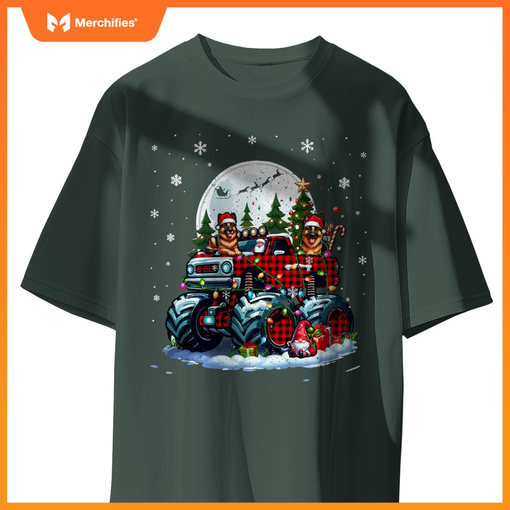 Two Santa German Shepherds On Monster Truck Santa Gnome T-Shirt