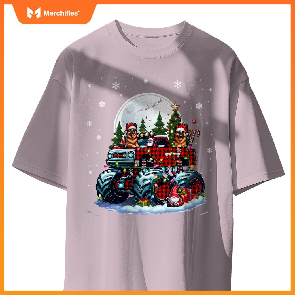 Two Santa German Shepherds On Monster Truck Santa Gnome T-Shirt