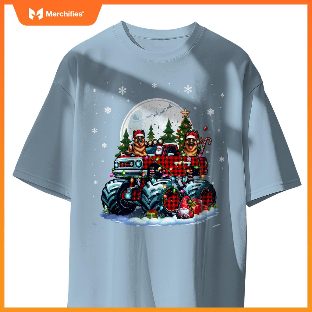 Two Santa German Shepherds On Monster Truck Santa Gnome T-Shirt