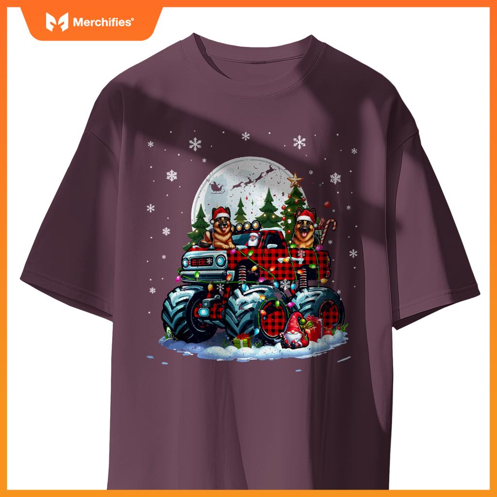 Two Santa German Shepherds On Monster Truck Santa Gnome T-Shirt