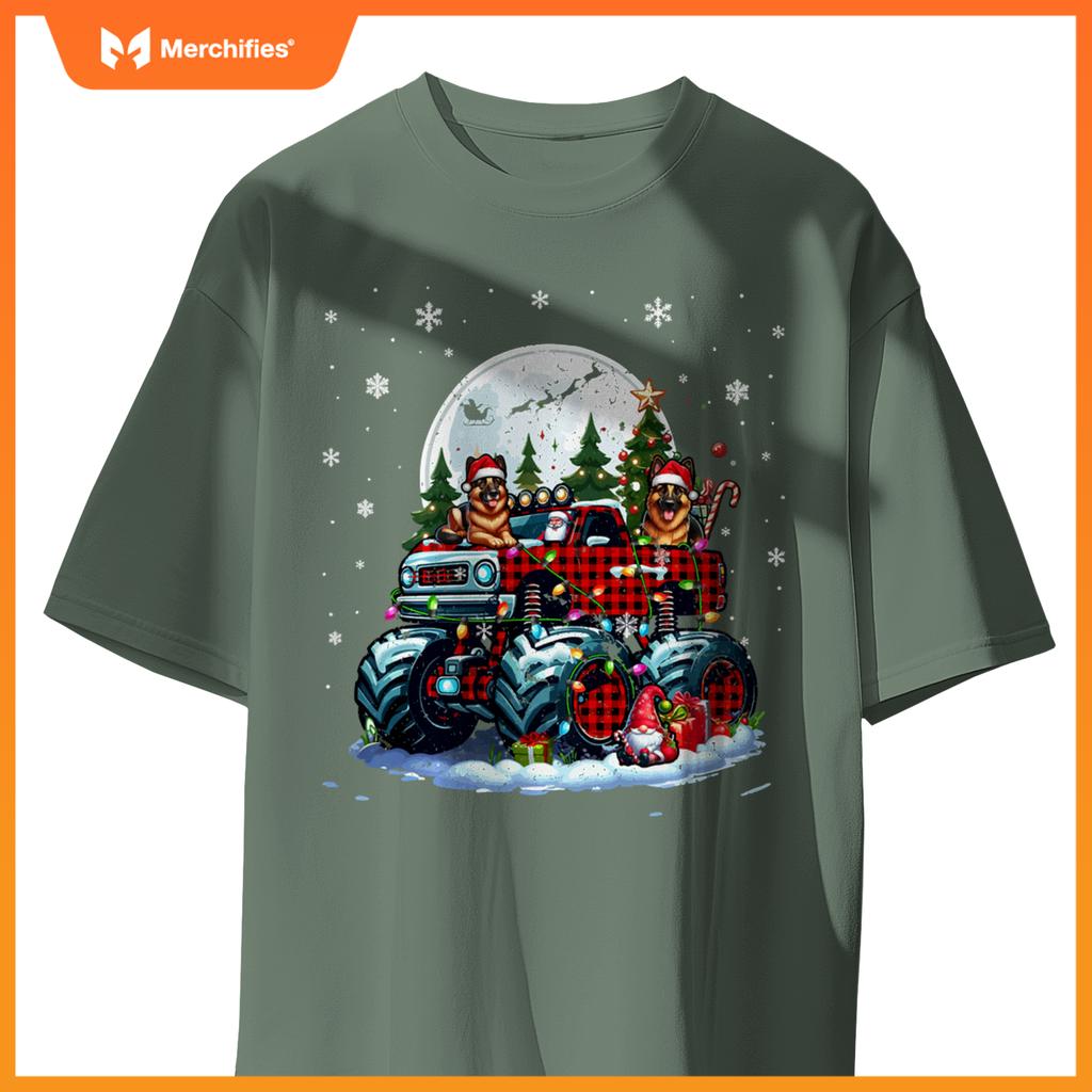 Two Santa German Shepherds On Monster Truck Santa Gnome T-Shirt
