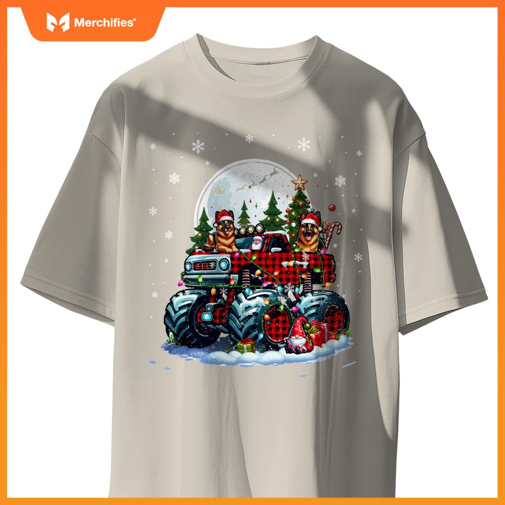 Two Santa German Shepherds On Monster Truck Santa Gnome T-Shirt