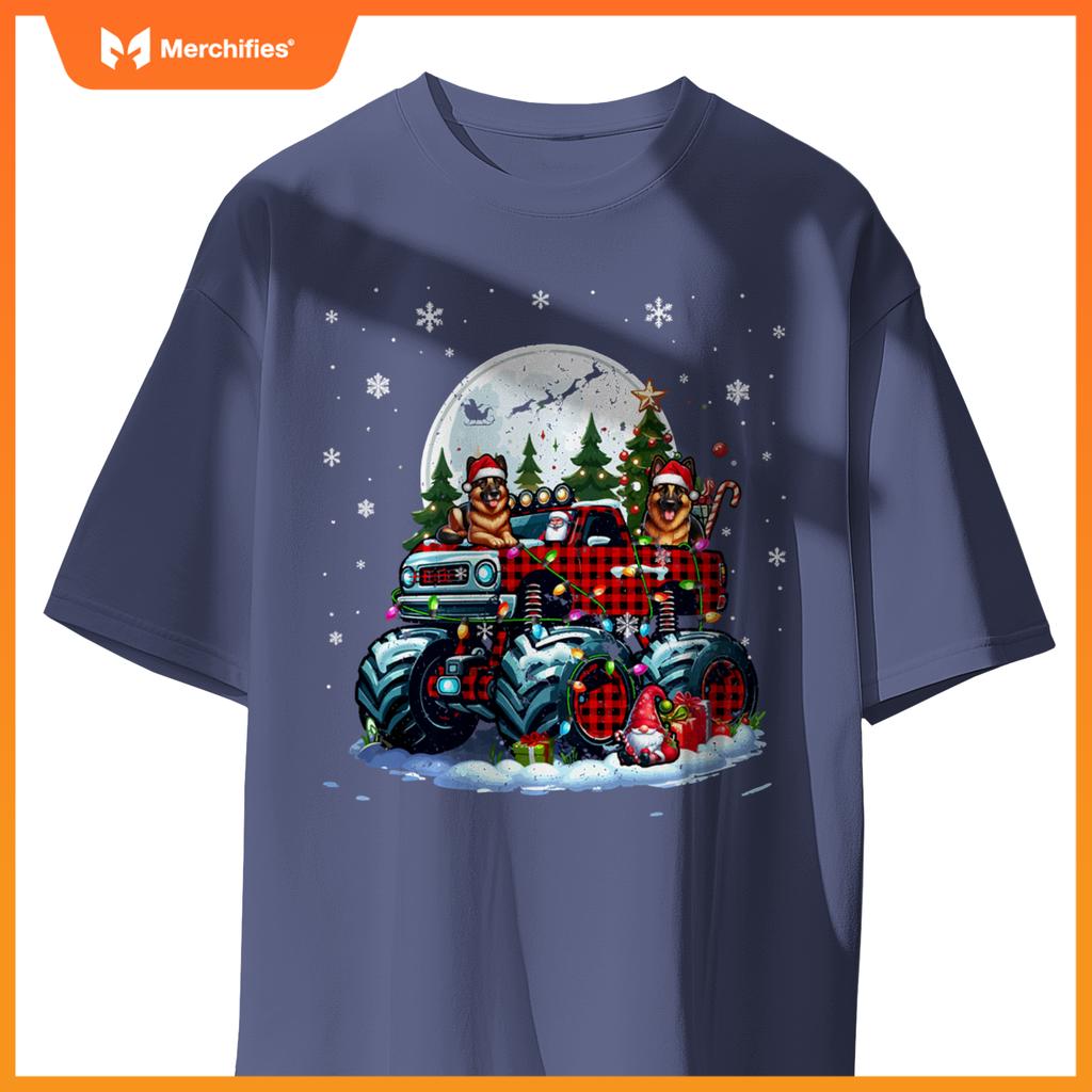 Two Santa German Shepherds On Monster Truck Santa Gnome T-Shirt