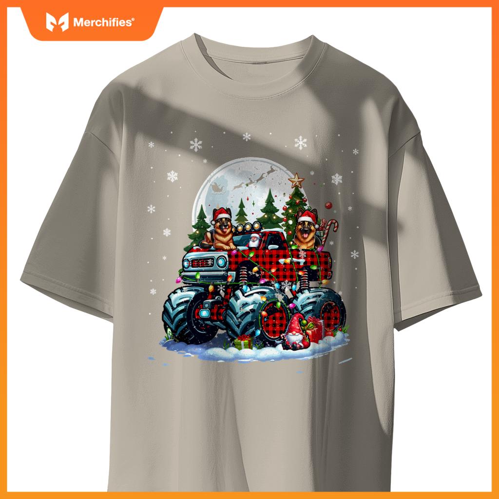 Two Santa German Shepherds On Monster Truck Santa Gnome T-Shirt