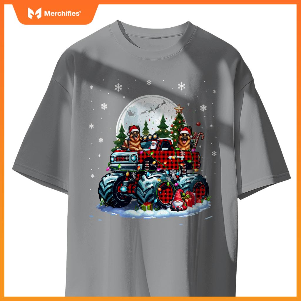 Two Santa German Shepherds On Monster Truck Santa Gnome T-Shirt