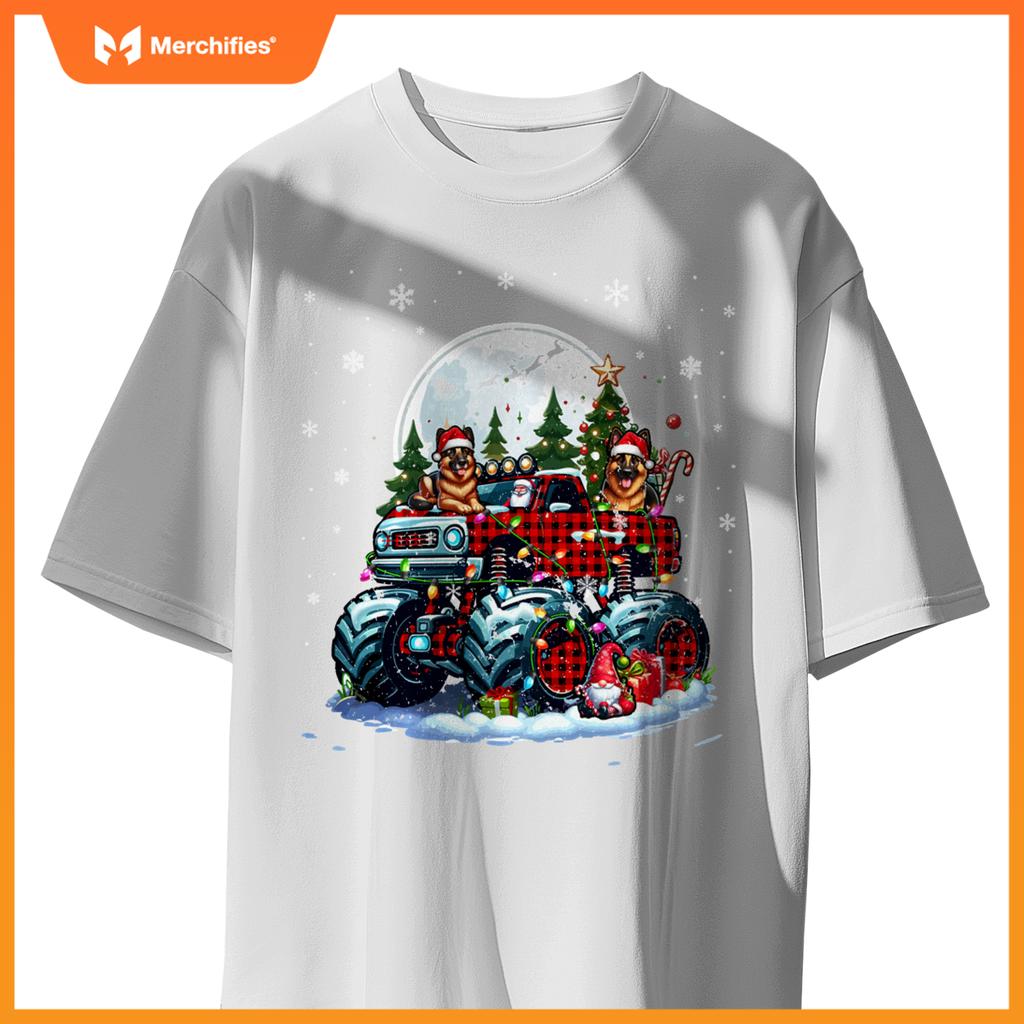 Two Santa German Shepherds On Monster Truck Santa Gnome T-Shirt