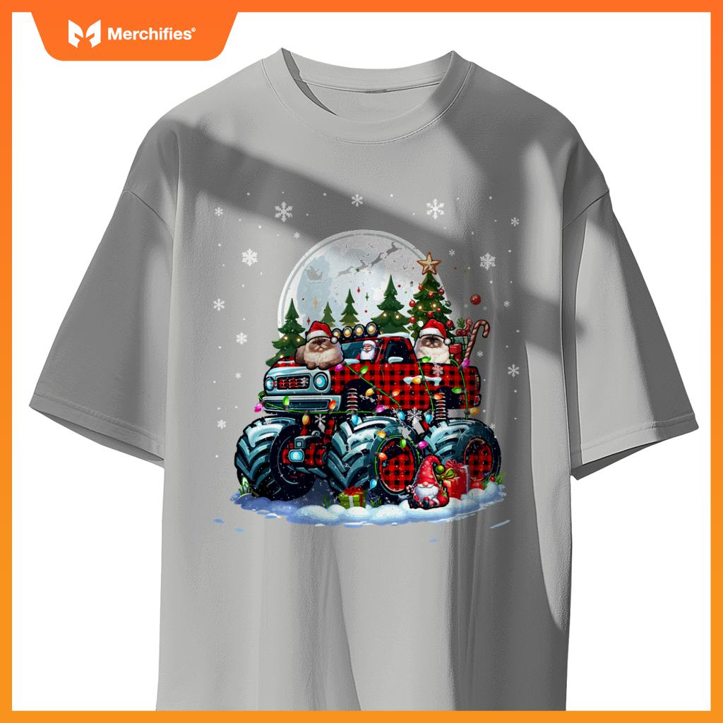 Two Santa Himalayan Cats On Monster Truck Santa Gnome Owner T-Shirt