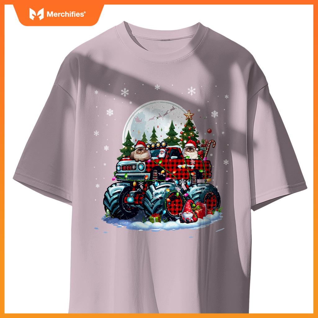 Two Santa Himalayan Cats On Monster Truck Santa Gnome Owner T-Shirt
