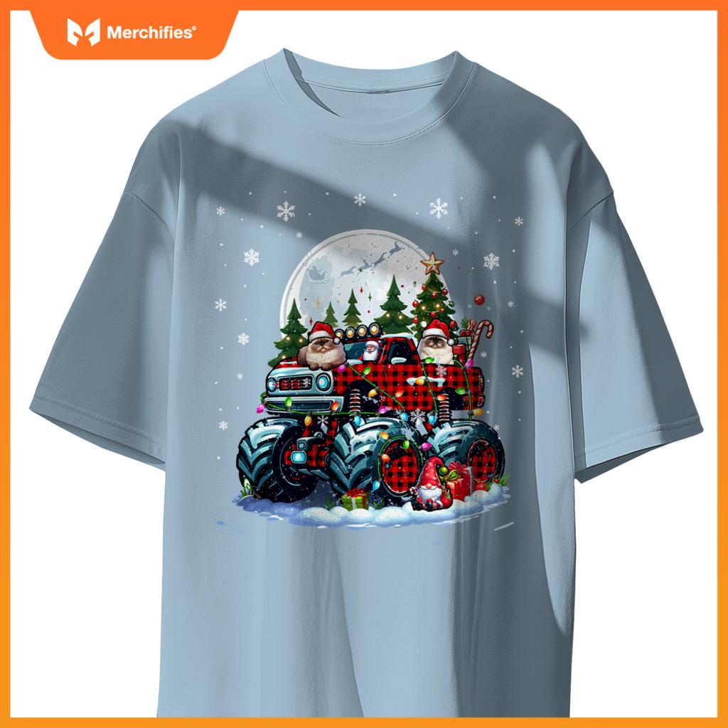 Two Santa Himalayan Cats On Monster Truck Santa Gnome Owner T-Shirt