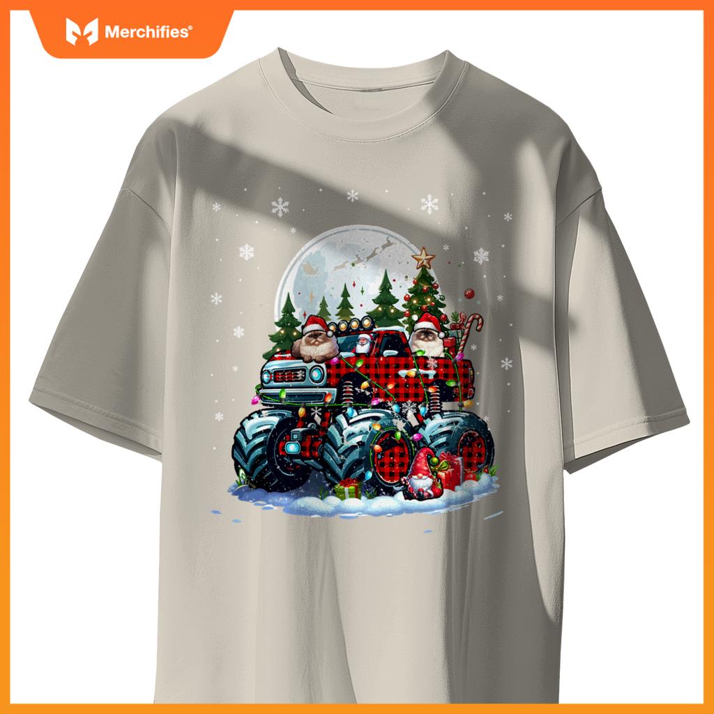 Two Santa Himalayan Cats On Monster Truck Santa Gnome Owner T-Shirt
