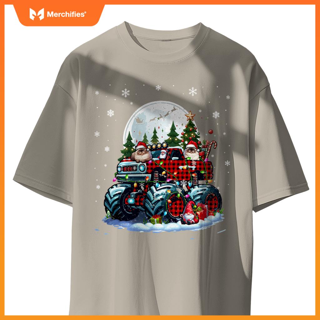 Two Santa Himalayan Cats On Monster Truck Santa Gnome Owner T-Shirt