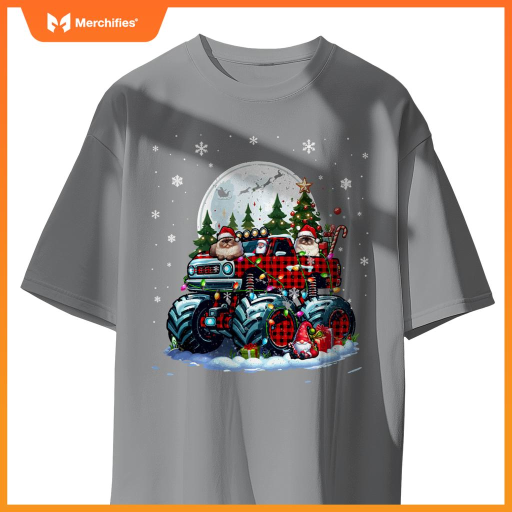 Two Santa Himalayan Cats On Monster Truck Santa Gnome Owner T-Shirt