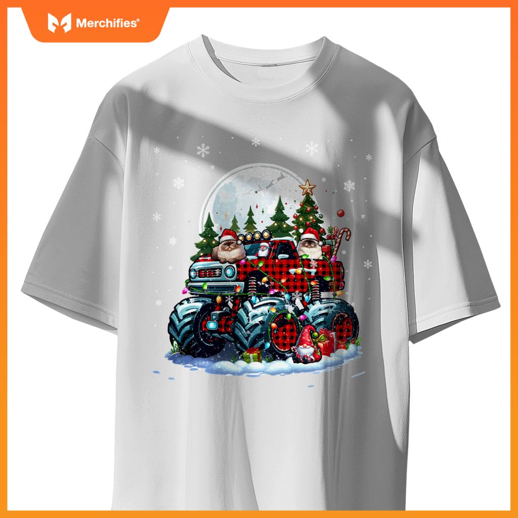 Two Santa Himalayan Cats On Monster Truck Santa Gnome Owner T-Shirt