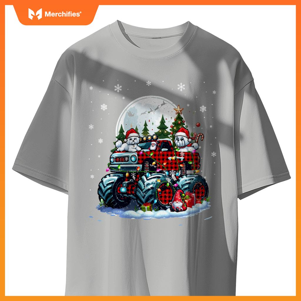 Two Santa Malteses On Monster Truck Santa Gnome Owner T-Shirt