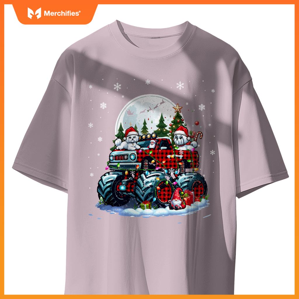 Two Santa Malteses On Monster Truck Santa Gnome Owner T-Shirt