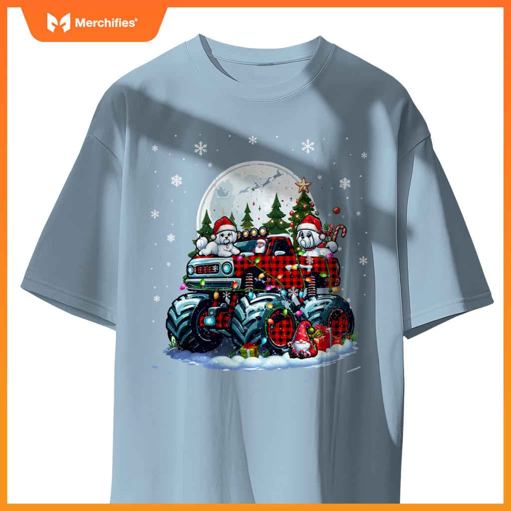 Two Santa Malteses On Monster Truck Santa Gnome Owner T-Shirt