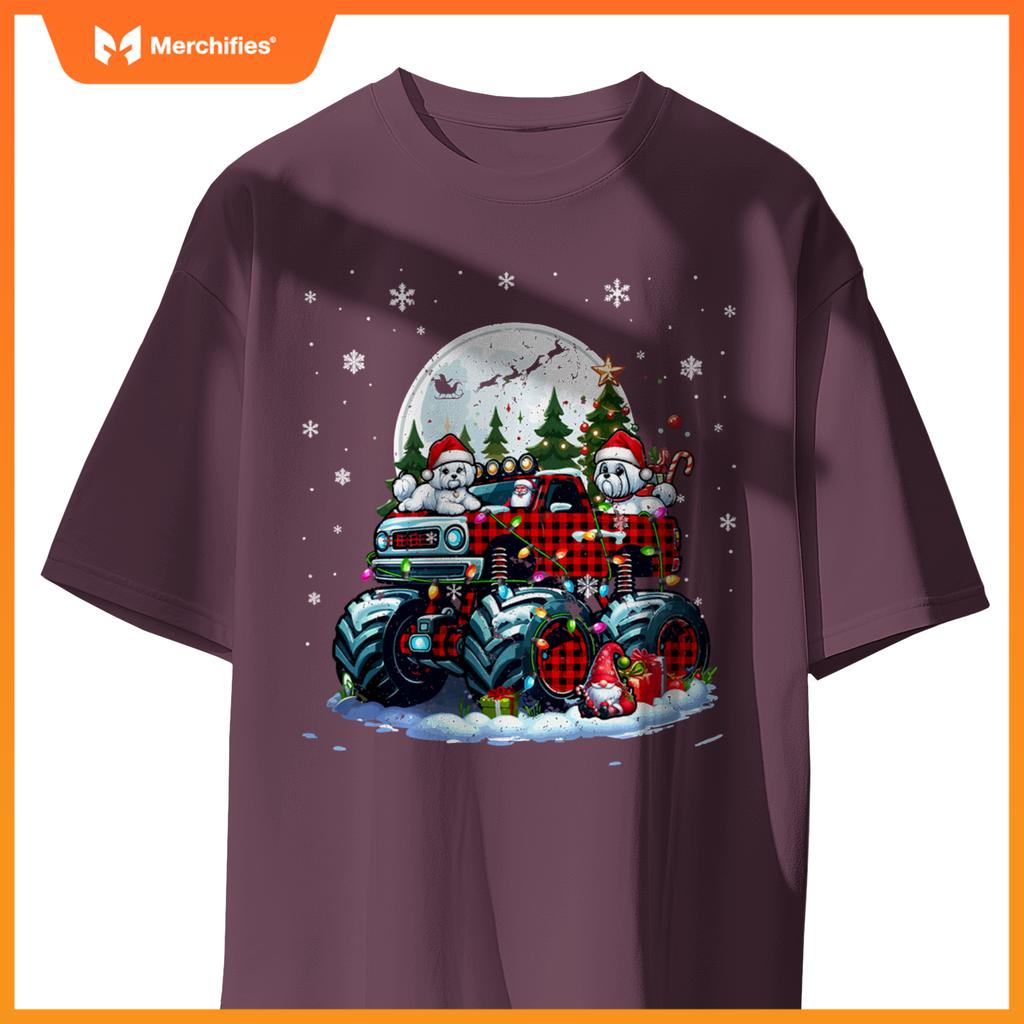 Two Santa Malteses On Monster Truck Santa Gnome Owner T-Shirt