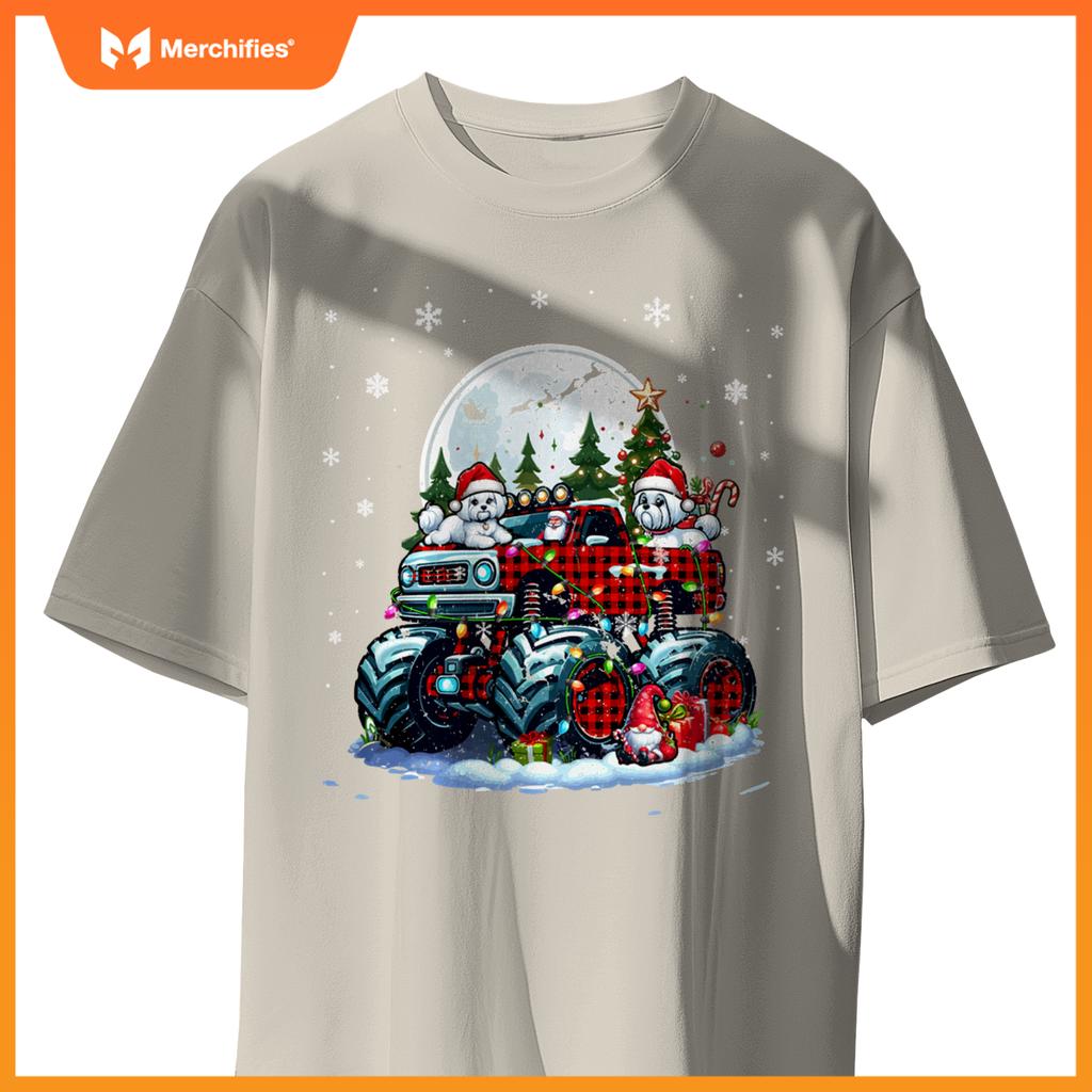 Two Santa Malteses On Monster Truck Santa Gnome Owner T-Shirt