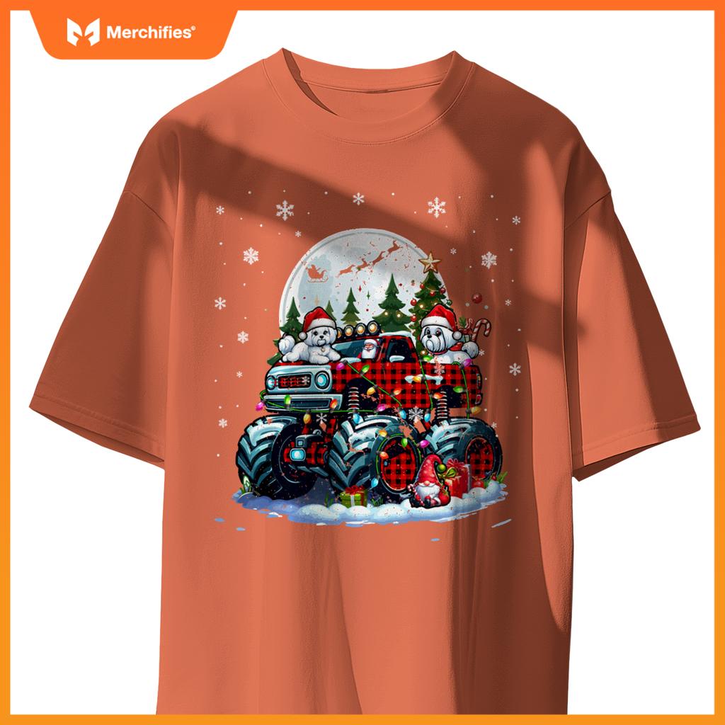 Two Santa Malteses On Monster Truck Santa Gnome Owner T-Shirt
