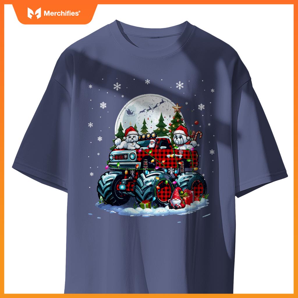 Two Santa Malteses On Monster Truck Santa Gnome Owner T-Shirt