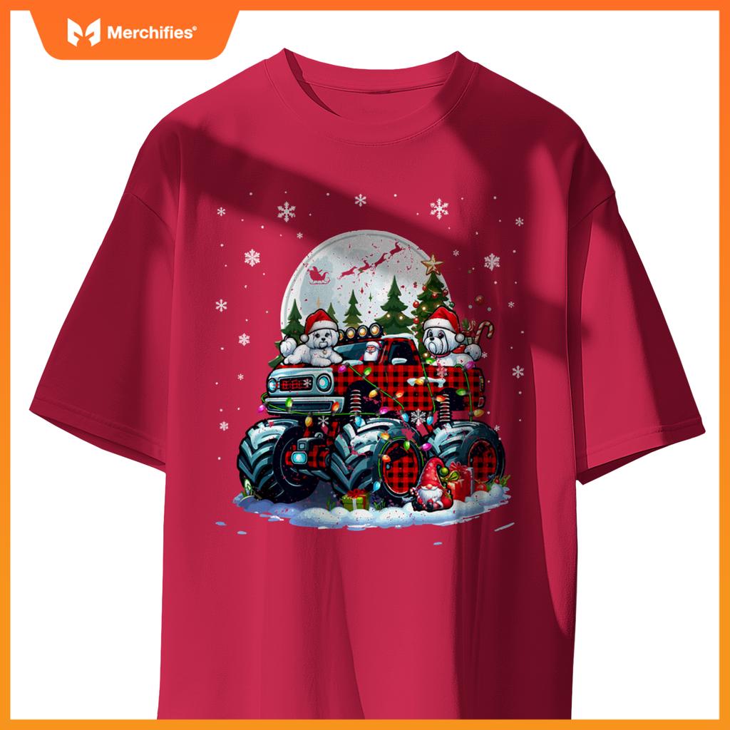 Two Santa Malteses On Monster Truck Santa Gnome Owner T-Shirt