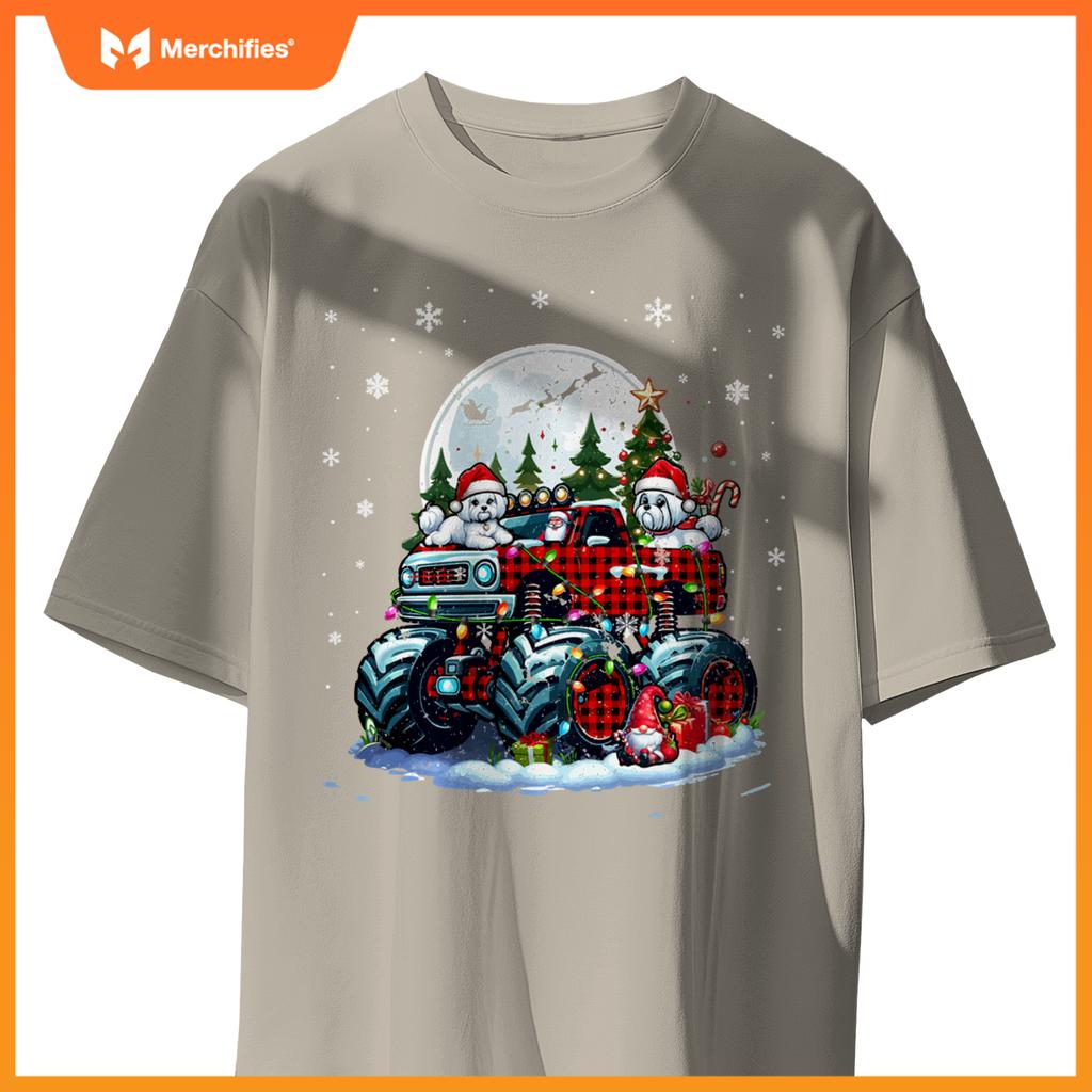 Two Santa Malteses On Monster Truck Santa Gnome Owner T-Shirt