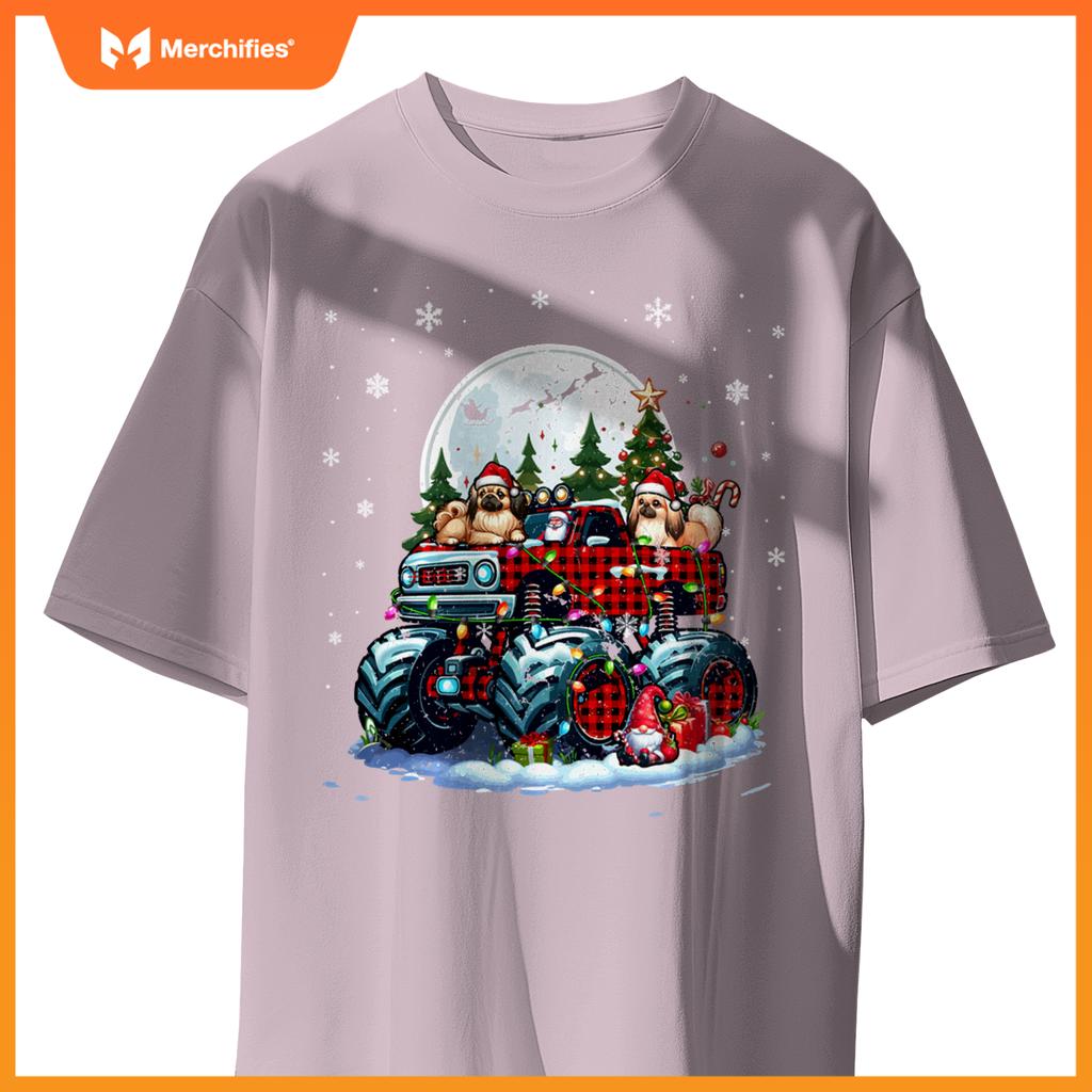 Two Santa Pekingeses On Monster Truck Santa Gnome Owner T-Shirt