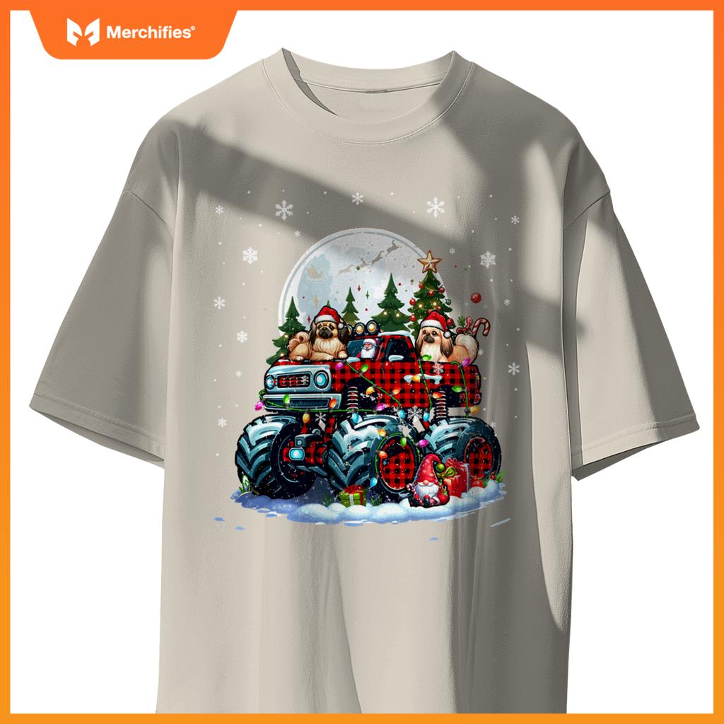 Two Santa Pekingeses On Monster Truck Santa Gnome Owner T-Shirt