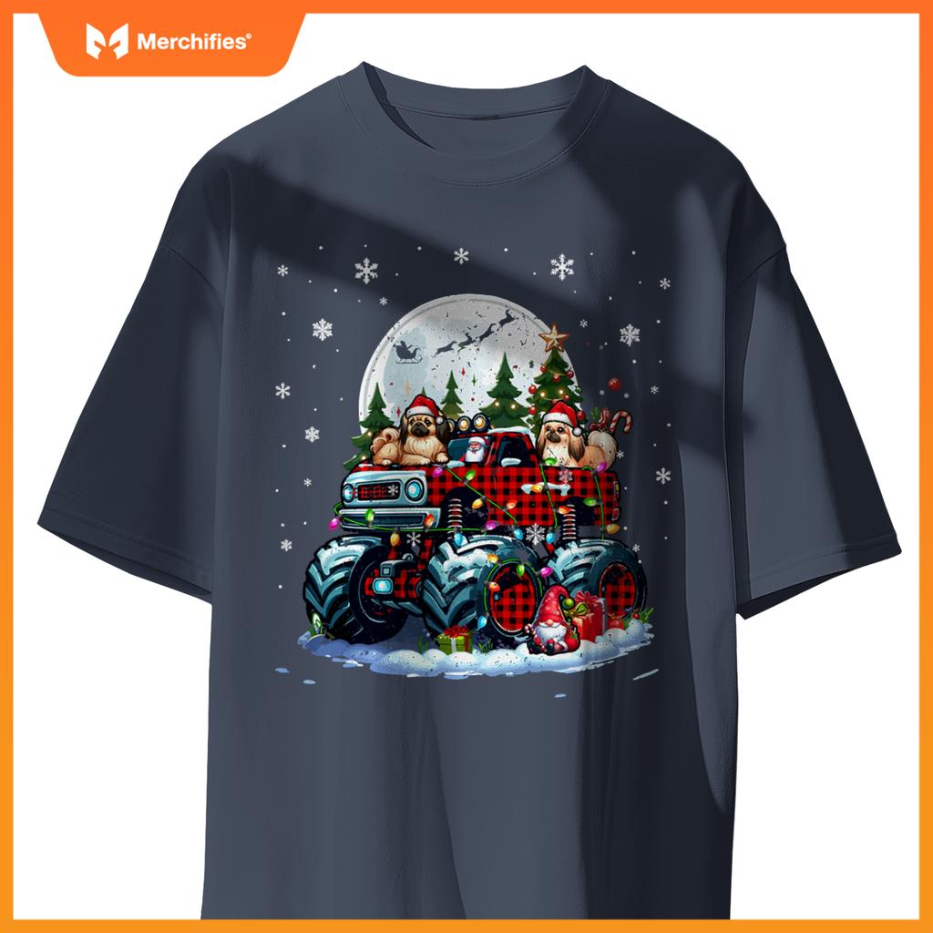 Two Santa Pekingeses On Monster Truck Santa Gnome Owner T-Shirt