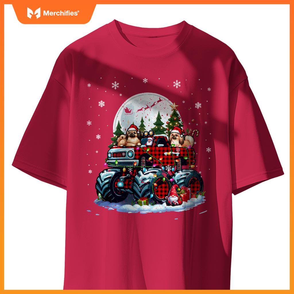 Two Santa Pekingeses On Monster Truck Santa Gnome Owner T-Shirt