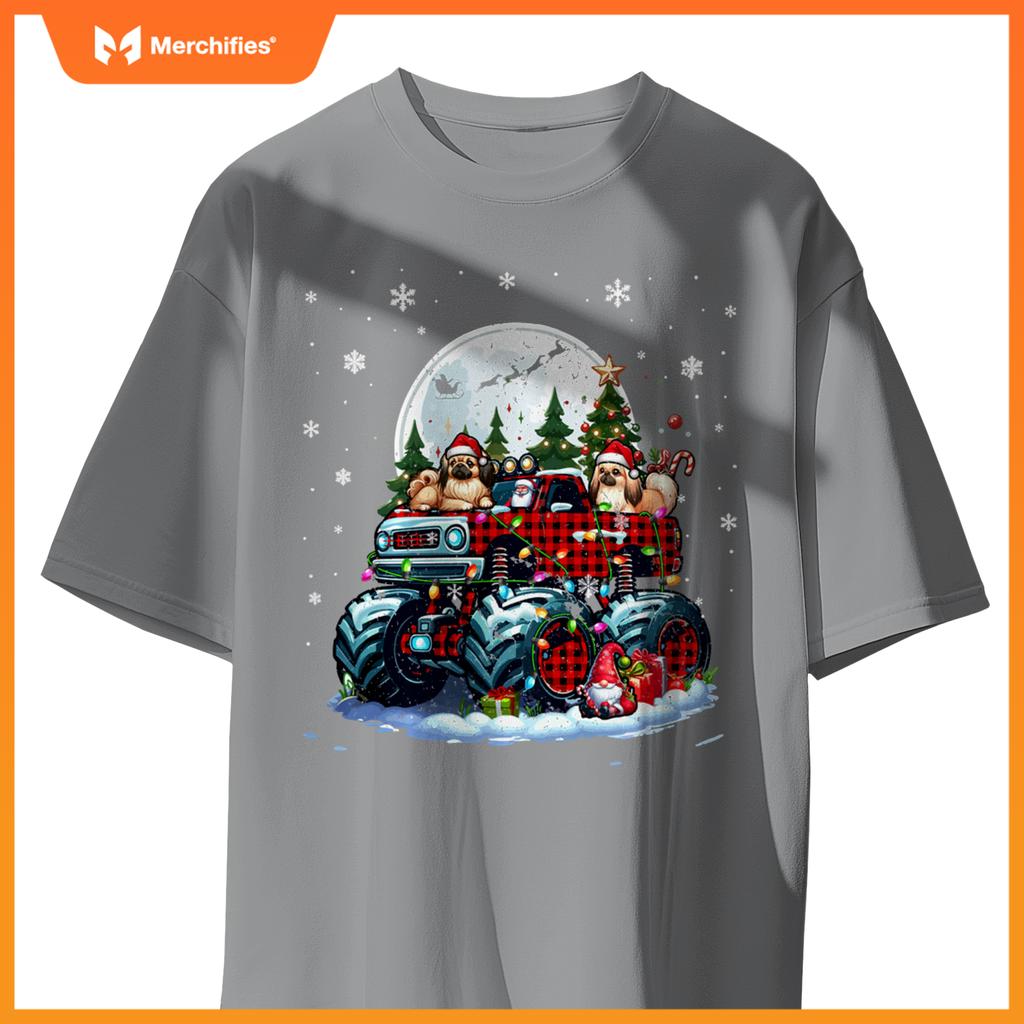 Two Santa Pekingeses On Monster Truck Santa Gnome Owner T-Shirt