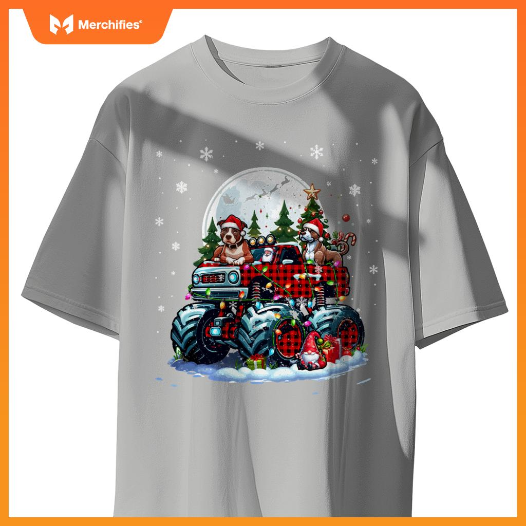 Two Santa Pit Bulls On Monster Truck Santa Gnome Owner T-Shirt