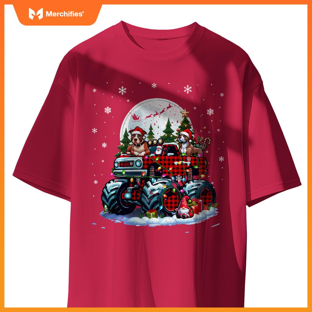 Two Santa Pit Bulls On Monster Truck Santa Gnome Owner T-Shirt