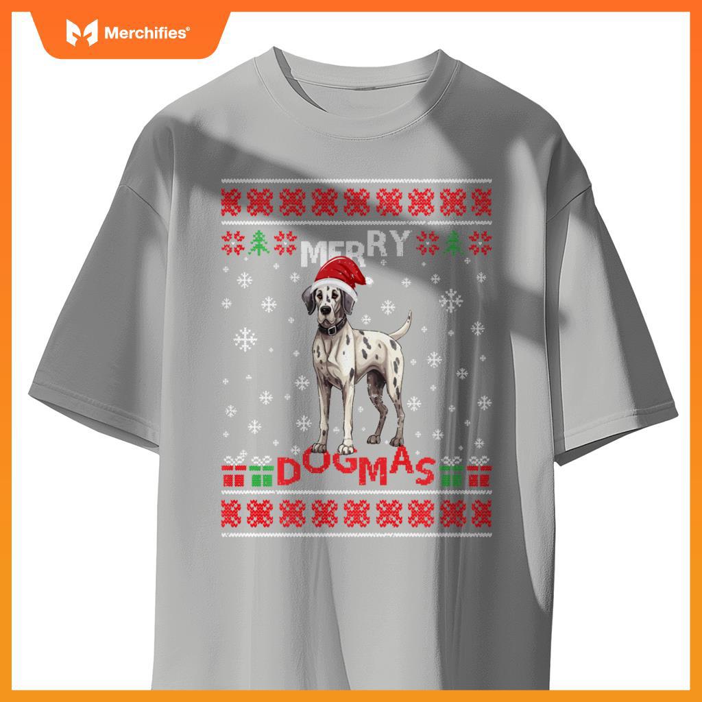 Ugly Funny Merry Dogmas Great Dane Xmas Dog Santa Hat Lights T-Shirt