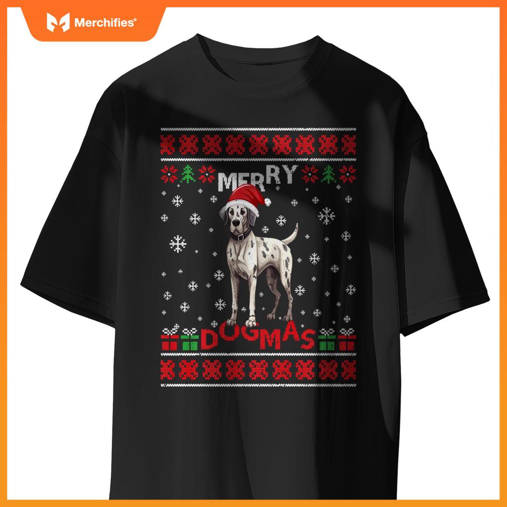 Ugly Funny Merry Dogmas Great Dane Xmas Dog Santa Hat Lights T-Shirt