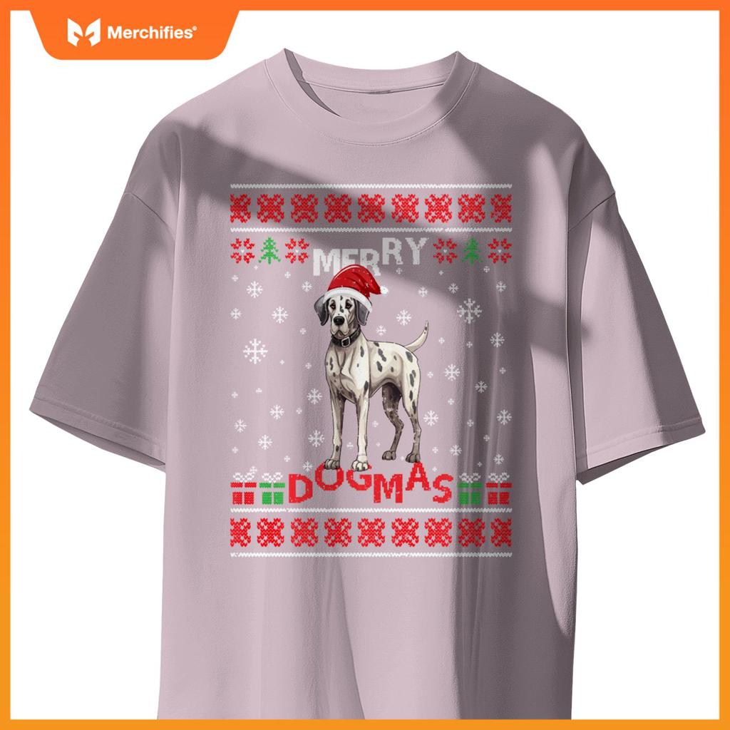 Ugly Funny Merry Dogmas Great Dane Xmas Dog Santa Hat Lights T-Shirt