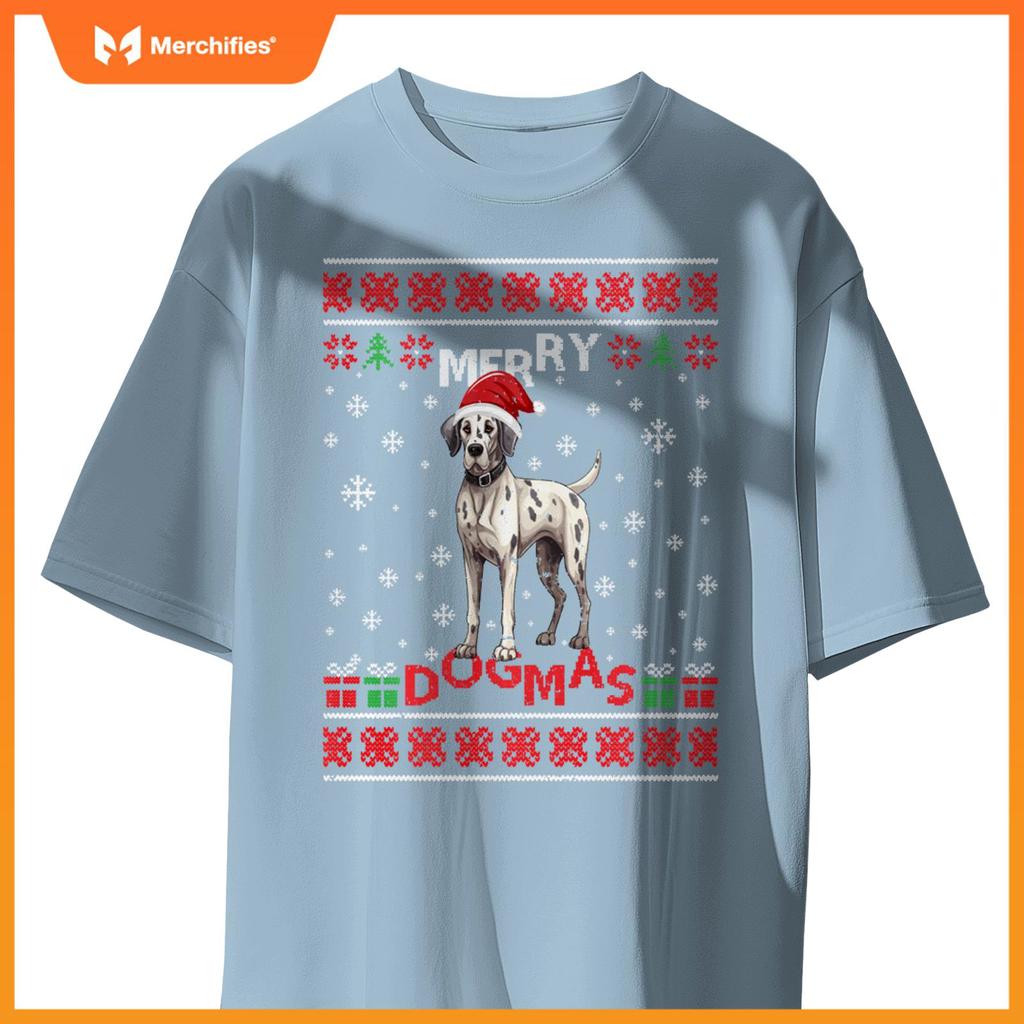 Ugly Funny Merry Dogmas Great Dane Xmas Dog Santa Hat Lights T-Shirt