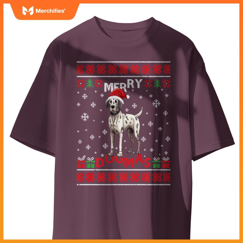 Ugly Funny Merry Dogmas Great Dane Xmas Dog Santa Hat Lights T-Shirt