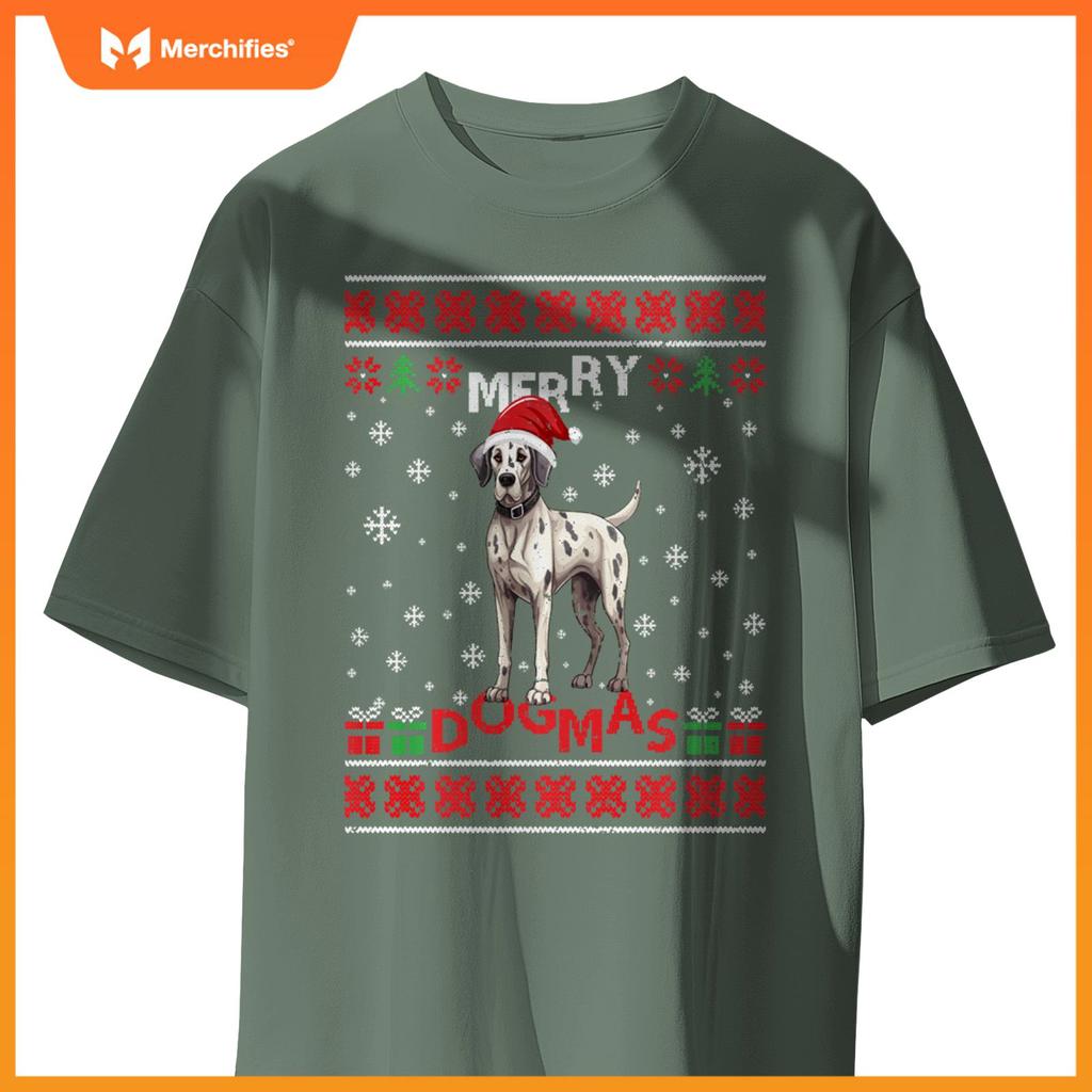 Ugly Funny Merry Dogmas Great Dane Xmas Dog Santa Hat Lights T-Shirt